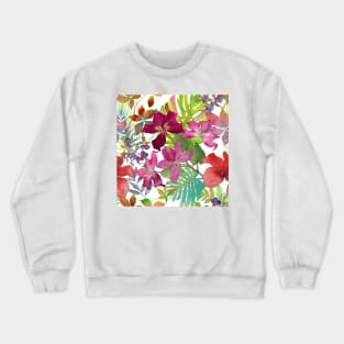 Tropical flowers and leaves watercolor summer botanical illustration. Bauhinia, Hibiscus flowers Monstera, palm leaves. Aquarelle vibrant jungle print. Crewneck Sweatshirt